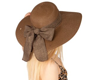 Chapeau de paille à large bord marron style romantique vintage, chapeau de vacances, chapeau d'été pour femme, chapeau de plage, chapeau bohème, chapeau de soleil pliable, chapeaux de demoiselle d'honneur