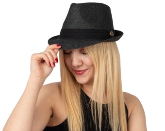 Black Fedora Straw Hat, Straw Fedora Hat, Beach Hat, Sun Hat, Boho Hat, Short Brim Hat, Men Summer Hat, Woman Straw Hat, Summer Gift