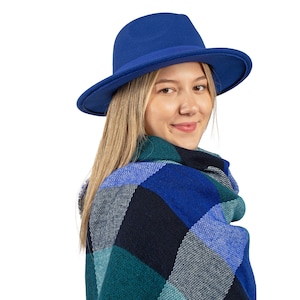 Blue Fedora Hat, Vegan Felt Stiff Brim Hat, Men Winter Hat, Women Wide Brim Hat, Stiff Fedora Hat, Flat Brim, Bridesmaid Groomsman Hat