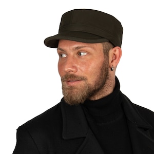 Dark Green Water Resistant Vegan Military Cap, Army Style Hat, Hatsquare Military Hat, Men Cadet Castro Cap, Hunting Ranger Strapback Cap