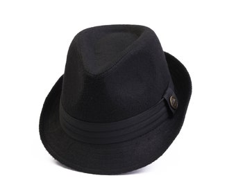 Chapeau Fedora noir en polaire, chapeau d'hiver pour femme, chapeau Fedora rigide Hatsquare, chapeau bohème, chapeau à bord court, chapeau vintage, cadeau de Noël