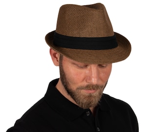 Brown Fedora Straw Hat, Hatsquare Straw Fedora Hat, Beach Hat, Sun Hat, Boho Hat, Short Brim Hat, Men Summer Hat, Woman Straw Hat