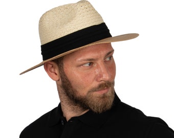 Chapeau de Panama naturel camel, chapeau de raphia d'été pour hommes, bord plat Montecristi de l'Équateur, chapeau Fedora mixte homme, chapeau de palmier, chapeau Safari homme / femme