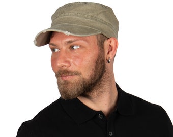 Boné militar de algodão tingido com pigmento cáqui claro, chapéu estilo exército, boné castro, chapéu masculino, boné masculino de algodão, boné de cadete, presente de dia dos pais