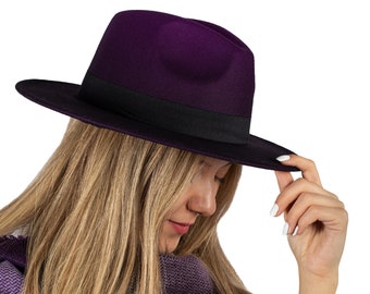 Purple Ombre Fedora Hat, Vegan Felt Stiff Brim Hat, Women Winter Hat, Women Wide Flat Brim Hat, Stiff Fedora Hat, Bridesmaid / Groomsman Hat