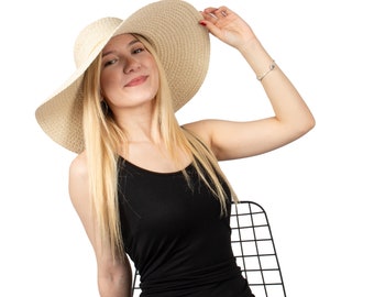 Chapeau de paille beige à bord large, chapeau de vacances, chapeau d'été femme, chapeau de plage, chapeau de soleil bohème, chapeau femme, chapeau de soleil pliable, chapeau de vacances, cadeau d'été