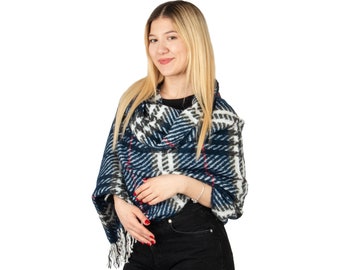 Écharpe oversize d'hiver à carreaux bleu foncé pour femme, châle d'hiver, écharpe pour femme, châle pashmina chaud d'hiver, cadeau de fête des mères, jeté d'hiver