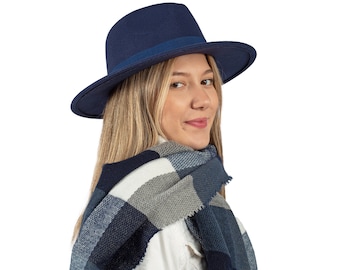 Cappello Fedora blu scuro, cappello vegano in feltro con tesa rigida, cappello invernale da donna, cappello da donna con tesa larga, cappello Fedora rigido, tesa piatta, cappello da damigella d'onore
