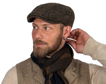 Melkachtige bruine visgraatwol platte pet, Peaky Blinders hoed, Baker Boy Hat, Ierse platte pet, Valentijnsdag geschenk, krantenverkoper pet, mannen sjaal set