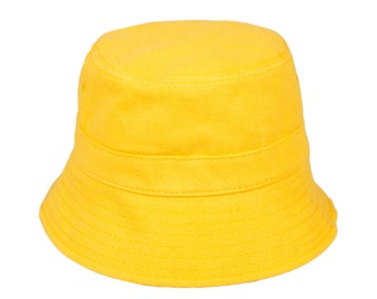 May include: A bright yellow bucket hat made of cotton.