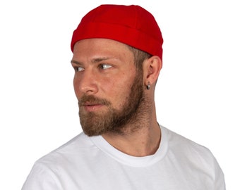 Red Cotton Docker Hat, Summer Man Beanie Cap, Sailor Military Brimless Hat, Cotton Streetwear Skull Cap, Fabric Dock Worker Hat, Hiphop Cap