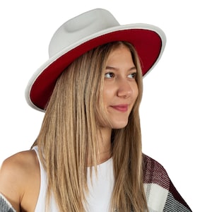 White Two Tone Fedora Hat, Vegan Felt Stiff Brim Hat, Men Winter Hat, Women Wide Brim Hat, Stiff Flat Brim, Bridesmaid Groomsman Hat