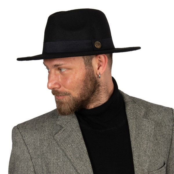 Zwarte Fedora Hoed, Vegan Vilt Stijve Rand Hoed, Mannen Winterhoed, Stijve Fedora Hoed, Vrouwen Brede Rand Hoed, Platte Rand, Bruidsmeisje / Groomsman Hoed