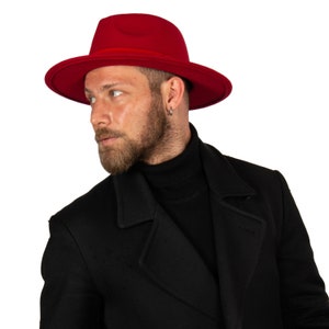 Red Fedora Hat, Vegan Felt Stiff Brim Hat, Men Winter Hat, Women Wide Brim Hat, Stiff Fedora Hat, Flat Brim, Bridesmaid / Groomsman Hat image 2