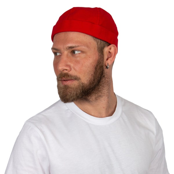 Red Cotton Docker Hat, Summer Man Beanie Cap, Sailor Military Brimless Hat, Cotton Streetwear Skull Cap, Fabric Dock Worker Hat, Hiphop Cap
