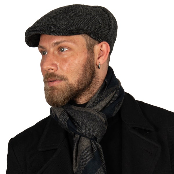 Casquette plate en laine gris foncé, chapeau Peaky Blinders, chapeau Baker Boy, casquette plate irlandaise, chapeau Gatsby, casquette gavroche Hatsquare, ensemble écharpe pour homme, cadeau de Noël