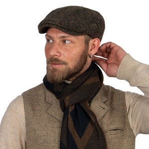 Berretto piatto in lana a spina di pesce marrone latteo, cappello Peaky Blinders, cappello Baker Boy, berretto piatto irlandese, regalo di San Valentino, berretto da giornalaio, set sciarpa da uomo