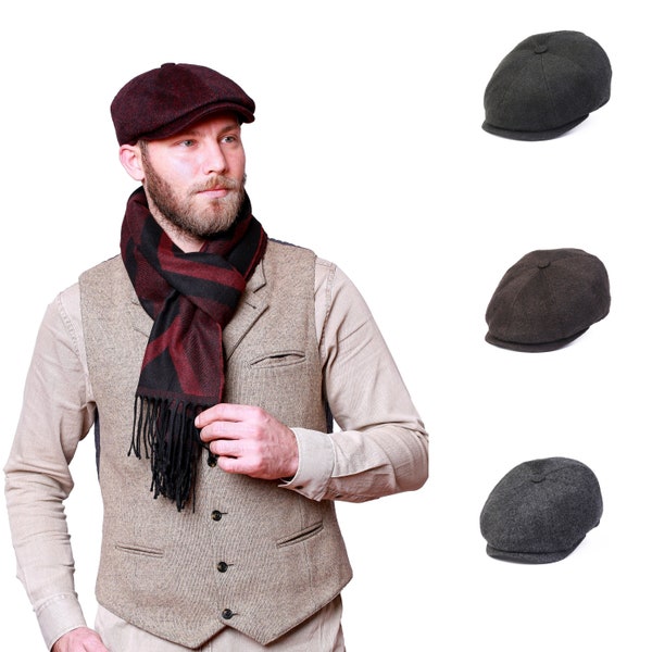 Wool Herringbone 8 Panels Cap, Peaky Blinders Hat, Hatsquare Baker Boy Hat, Irish flat cap, Newsboy Cap, Groomsman Hat, Man Winter Hat