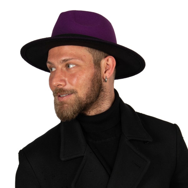 Chapeau Fedora dégradé violet, chapeau à bord rigide en feutre végétalien, chapeau d'hiver pour hommes, chapeau à large bord plat pour femmes, chapeau Fedora rigide, demoiselle d'honneur / chapeau de garçon d'honneur