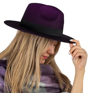 Purple Ombre Fedora Hat, Vegan Felt Stiff Brim Hat, Women Winter Hat, Women Wide Flat Brim Hat, Stiff Fedora Hat, Bridesmaid / Groomsman Hat