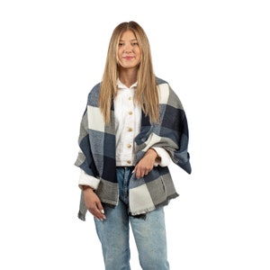 Navy White Buffalo Plaid Winter Oversize Women Scarf, Winter Shawl, Women Blanket Scarf, Winter Warm Pashmina Shawl, Christmas Gift