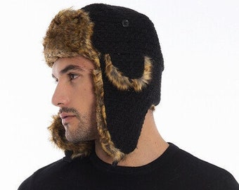 Man Knitting Fabric Aviator Cap, Faux Shearling Sheepskin Hat, Trapper Cap, Men Winter Hat, Long Earflap Hat, Christmas Gift, Birthday Gift