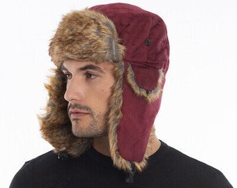 Casquette aviateur en tissu Cherry Nubuck, chapeau en peau de mouton Faux Shearling, casquette de trappeur, chapeau d'hiver pour homme, chapeau à long oreillette, cadeau de Noël, cadeau d'anniversaire