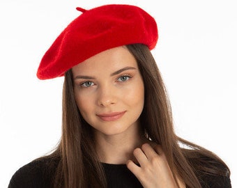 Béret Français rouge, chapeau de peintres, béret en feutre pour femmes, chapeau d’hiver pour femmes, cadeau de Noël, cadeau pour elle