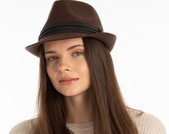 Sombrero de lana polar Fedora marrón oscuro, sombrero de invierno para mujer, sombrero fedora rígido, sombrero boho, sombrero de ala corta, sombrero vintage, regalo de Navidad