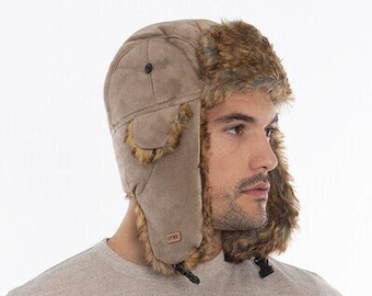 Beige Man Nubuck Fabric Aviator Cap 