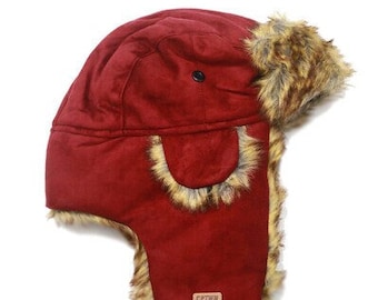 Casquette aviateur en nubuck cerise, chapeau en peau de mouton imitation peau de mouton retournée, casquette de trappeur, chapeau d'hiver pour homme, long chapeau à cache-oreilles, cadeau de Noël, cadeau d'anniversaire