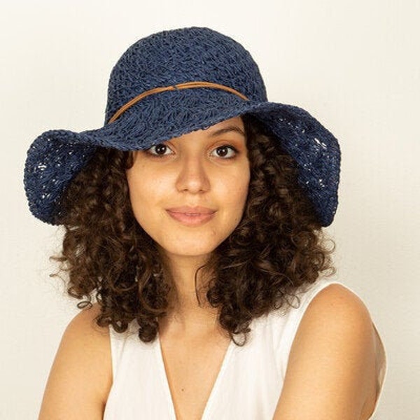 Deep Blue Summer Lace Style Wide Brim Straw Hat, Holiday Hat, Women Summer Hat, Beach Hat, Sun Hat, Boho Hat, Women Hat, Foldable Hat