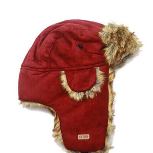 Cherry Nubuck Fabric Aviator Cap, Faux Shearling Sheepskin Hat, Trapper Cap, Men Winter Hat, Long Earflap Hat, Christmas Gift, Birthday Gift