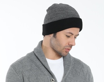 Dark Gray Black Beanie Cap,  Acrylic Reversible Unisex Beanie, Hatsquare Winter Beanie, Double Layered Skull Cap, Winter Cuffed Knit Beanie