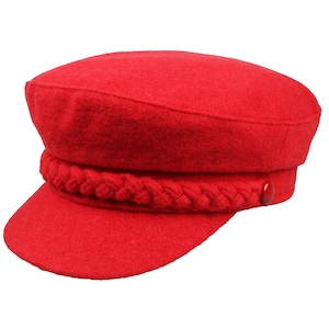 Red Women Wool Fiddler Hat, Hatsquare Women Newsboy Cap, Cabbie Hat, Sailor Captain Hat, Skipper Officer Hat, Yachtsman Fisherman Cap