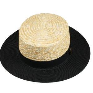 Black Straw Boater Hat, Summer Men Women Fedora Hat,  Hatsquare Bolero Hat, Straw Wide Brim Hat, Flat Brim, Round Captain Hat, Gondolier Hat