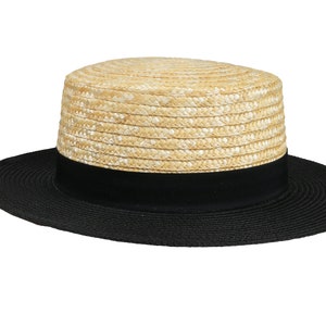 Black Straw Boater Hat, Summer Men Women Fedora Hat,  Hatsquare Bolero Hat, Straw Wide Brim Hat, Flat Brim, Round Captain Hat, Gondolier Hat