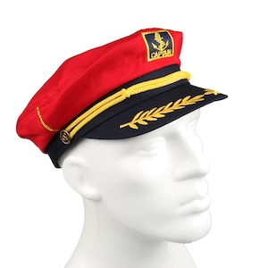 Red Skipper Sailor Captain Hat, Unisex Anchor Embroidered Boating Cap, Handmade Man Navy Officer Hat, Yachtsman Nautical First Mate Hat