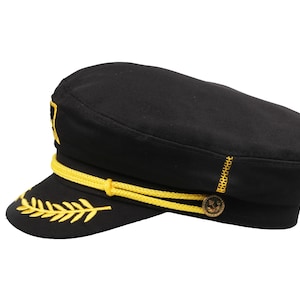 Black Skipper Sailor Captain Hat, Unisex Anchor Embroidered Boating Cap, Handmade Man Navy Officer Hat, Yachtsman Nautical First Mate Hat