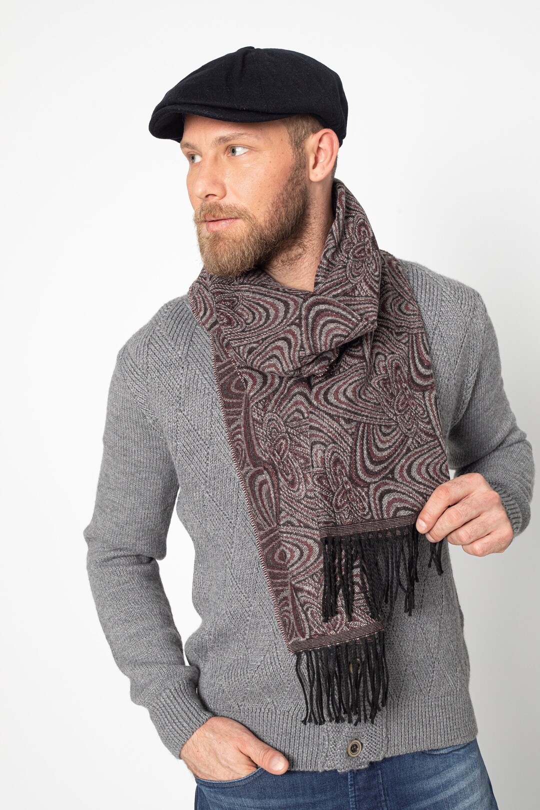 Burgundy Ethnic Pattern Wool Men Scarf, Suit Scarf, Scarves for Men ...