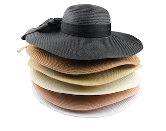 Sombrero de paja de ala ancha de estilo vintage romántico, sombrero de vacaciones con doble lazo, sombrero de verano para mujer, sombrero de playa, sombrero de sol plegable estilo boho, sombrero de dama de honor