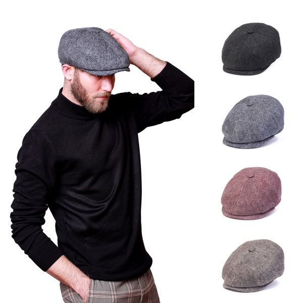 Casquette gavroche 8 panneaux en laine à chevrons, chapeau Peaky Blinders, casquette plate Baker Boy, chapeau Gatsby, chapeau de garçon d'honneur, chapeau d'hiver homme, chapeau Paperboy