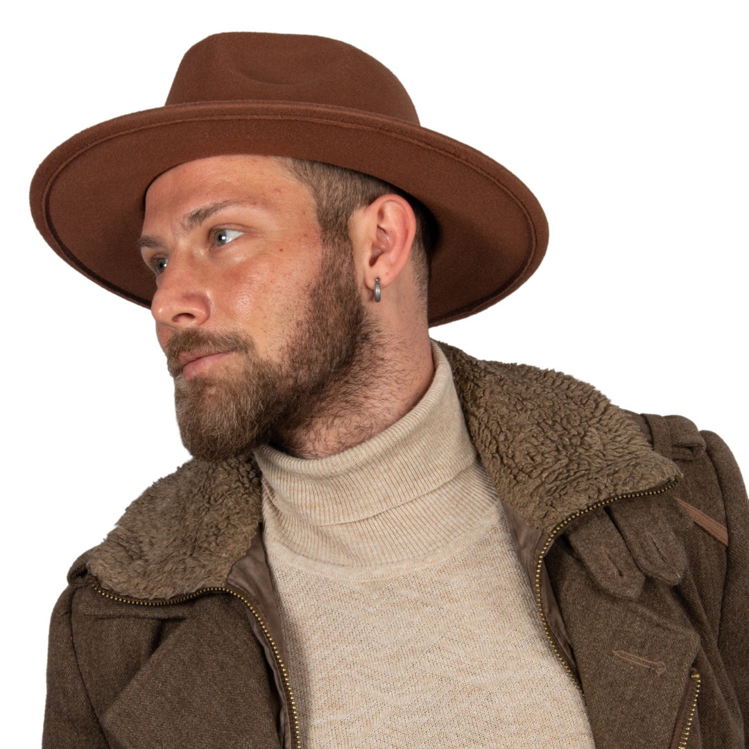 Dark Camel Fedora Hat, Vegan Felt Stiff Brim Hat, Men Winter Hat, Women Wide Brim Hat, Stiff