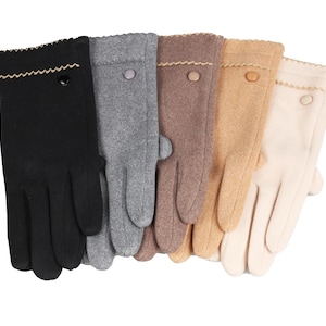 May include: A collection of five gloves in various colors: black, gray, brown, tan, and cream. Each glove has a button detail and a decorative trim along the wrist. The gloves are made of a soft material.