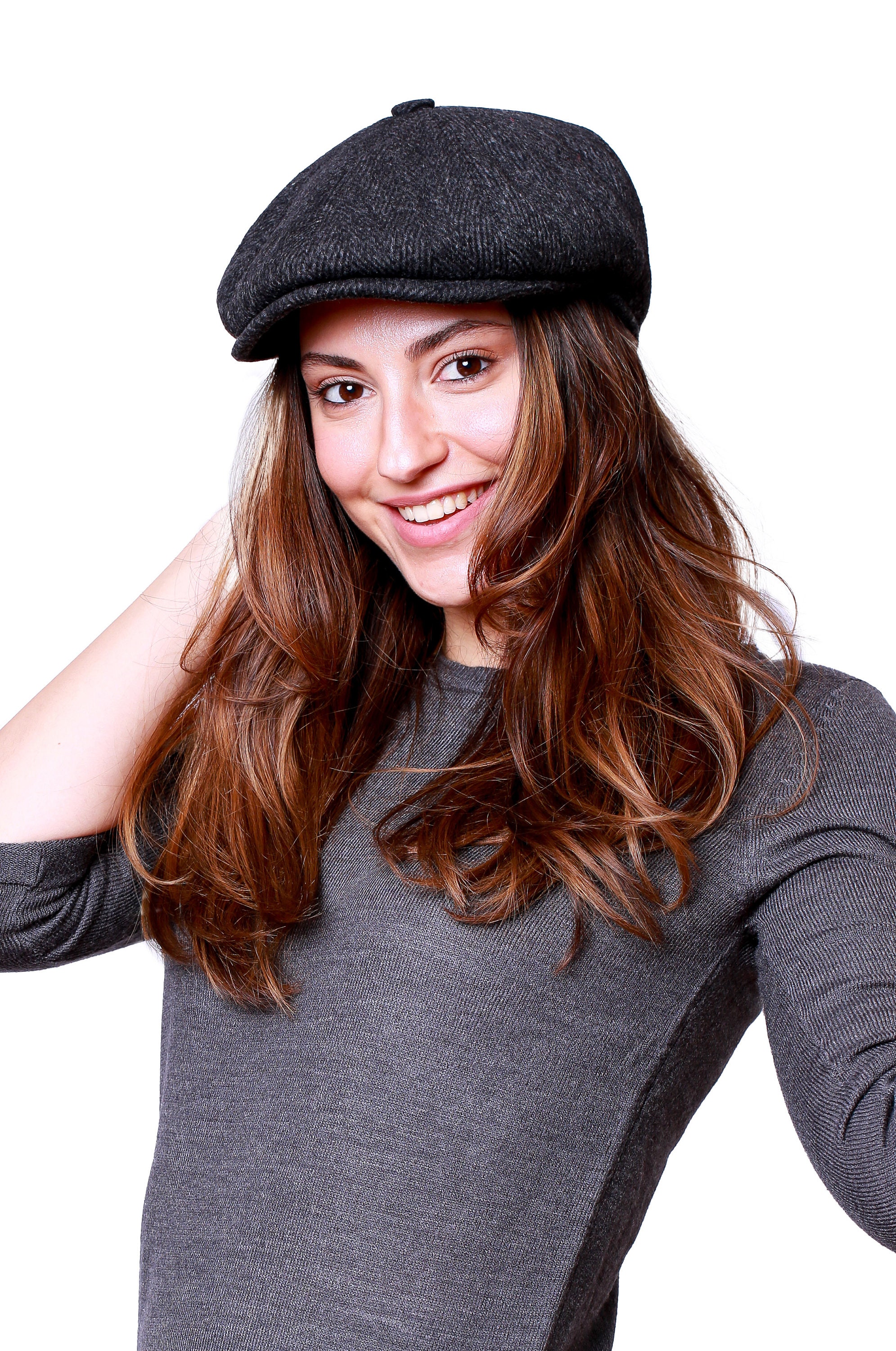 Black Herringbone Wool 8 Panels Cap, Peaky Blinders Hat