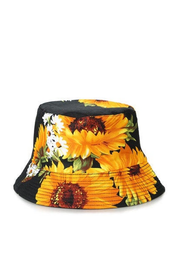 Black Yellow Flower Bucket Hat, Reversible Bucket Hat, One Size Hat, unisex Hat, Women Summer Hat, Men Summer Hat, Women Hat
