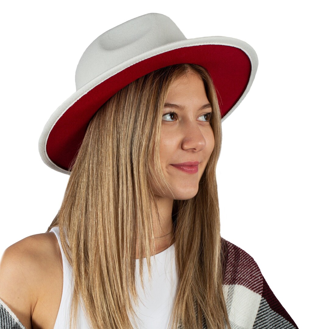 White Two Tone Fedora Hat, Vegan Felt Stiff Brim Hat, Men Winter Hat