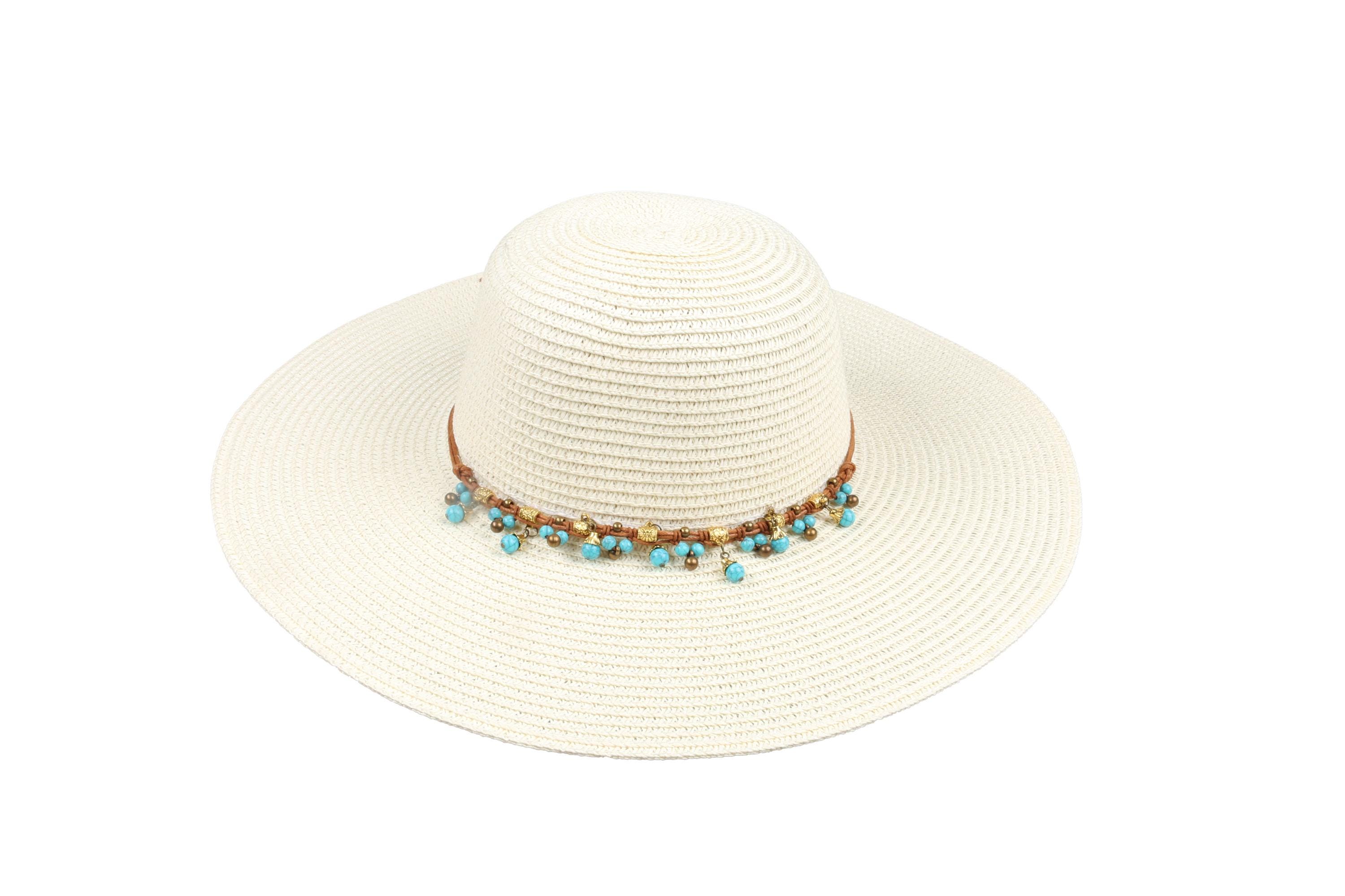 Ivory Romantic Vintage Style Wide Brim Straw Hat, Blue Beads 