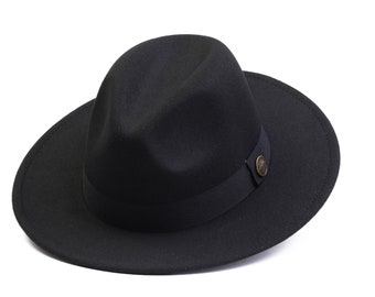 Chapeau Fedora noir, chapeau à bord rigide en feutre végétalien, chapeau d'hiver pour homme, chapeau Fedora rigide, chapeau à bord large femme, bord plat, chapeau de demoiselle d'honneur / garçon d'honneur