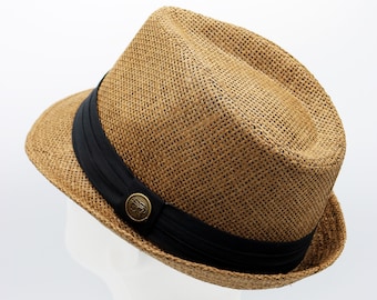 Chapeau de paille Fedora brun, chapeau Fedora en paille Hatsquare, chapeau de plage, chapeau Sun Boho, chapeau à bord court, chapeau d’été pour hommes, chapeau de paille femme, cadeau d’été